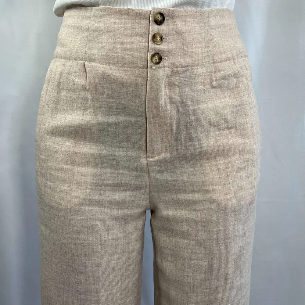 Cropped lightweight woven khaki straight leg high waisted trousers - Picture 3 of 5
